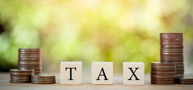 Wooden block on stack coins to show TAX concept